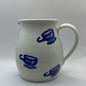 Dayton Hudson White Ceramic Art Pottery Pitcher/ Blue Coffee Cup Theme